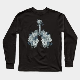 Roses and flowers growing on the lungs, important to breathe, blue, navy, lungs cancer, respiratory therapist Long Sleeve T-Shirt